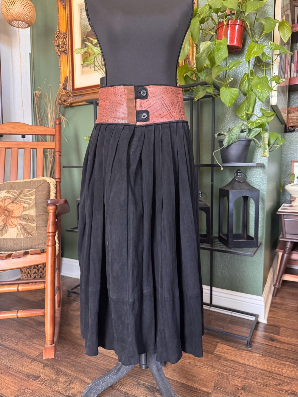 Women's Black Midi Skirt with Brown Textured Waistband